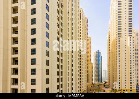 Sand coloured highrise towers of Jumeirah Beach Residence, Dubai, UAE Stock Photo