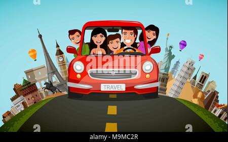 Happy family rides in car on vacation. Journey, travel concept. Cartoon vector illustration Stock Vector