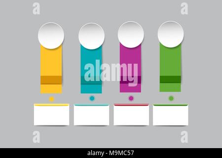 The infograph of four vertical rectangles with white circle and rectangle labels below them ready for your text. Stock Vector