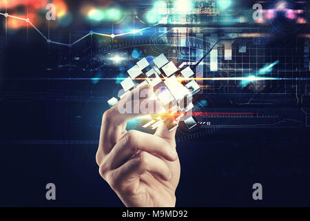 Innovation in the digital world. Hand holds abstract cubes. 3D Rendering Stock Photo