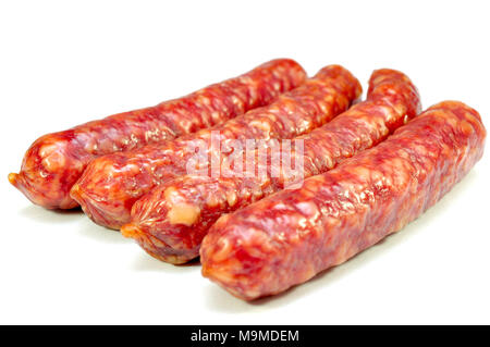 smoked sausages on white background Stock Photo