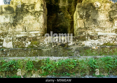 Ancient Mayan mask depicting the head of a jaguar on a temple in Tikal, Guatemala Stock Photo