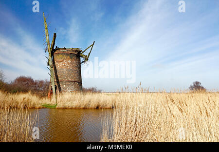 A view of the ruined Brograve Drainage Mill on the Norfolk Broads at Horsey, Norfolk, England, United Kingdom, Europe. Stock Photo