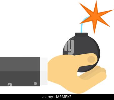 A man holds a bomb with a burning wick in his hands. Vector illustration . Stock Vector