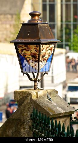 Decorative lantern style street lamp with art deco stained glass, Place Du Jacobins, Le Mans France Stock Photo