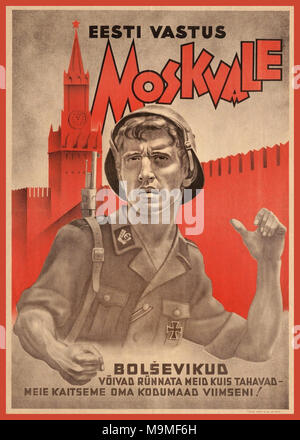 Vintage Estonia Propaganda Poster 1942-44  German sympathising Estonian Response to Moscow. Bolscheviks CanTry to Make Us Quit  – We Protect Our Homeland For The Last! Stock Photo