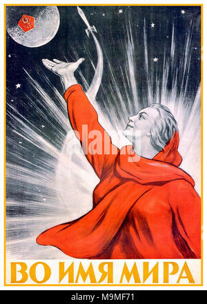 YURI GAGARIN MOON SPACE RACE Vintage 1950's poster USSR Soviet Russia Sputnik Circling The Moon Yuri Gagarin 1959 ‘In the Name of Peace’  Artist Iraklii Toidze, Stock Photo