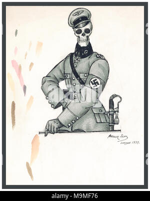 WW2 Graphic Cartoon poster of Death as a SS Nazi soldier The arrogant grimace of Fascist authority suited to the icon of Death. Poland, the first to be cut down by the power of the Grim Reaper. Hundreds of thousands of Poles, both Gentile and Jewish perished during Hitler’s Reign of Terror. Stock Photo