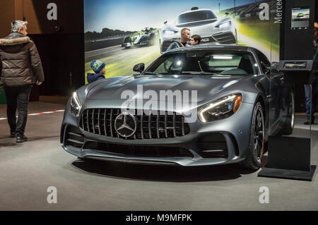 Toronto, Canada - 2018-02-19: Visitors of 2018 Canadian International AutoShow beside the Mercedes-AMG GT R displayed on the Mercedes-Benz exposition Stock Photo