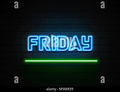 Friday neon sign - Glowing Neon Sign on brickwall wall - 3D rendered royalty free stock illustration. Stock Photo