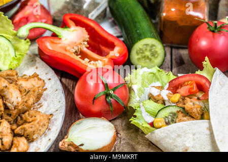 Kebab with chicken and vegetables, homemade cooking recipe Stock Photo