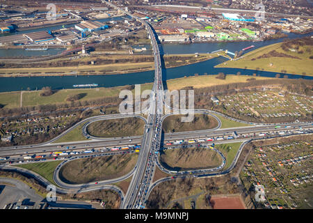Aerial view, Motorway junction Duisburg motorway A59 and motorway A40 at the Rhein-Herne Canal, Duisburg, North Rhine-Westphalia Stock Photo