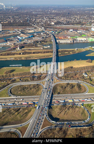 Aerial view, Motorway junction Duisburg motorway A59 and motorway A40 at the Rhein-Herne Canal, Duisburg, North Rhine-Westphalia Stock Photo