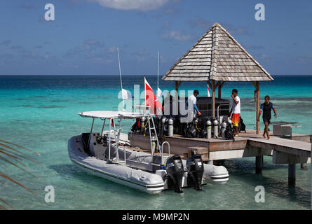 Top Dive Center, Divers preparing to dive, Inflatable Boat at the pier, Diving equipment, Sea, Pacific Ocean Stock Photo