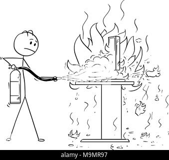 Cartoon of Businessman Fighting the Fire on Office Desk Using Extinguisher Stock Vector