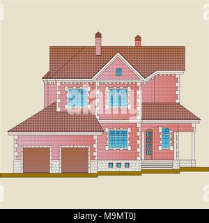 The house is built of red brick and decoration details with white stone. Classical style of the architecture of the apartment house. Stock Vector