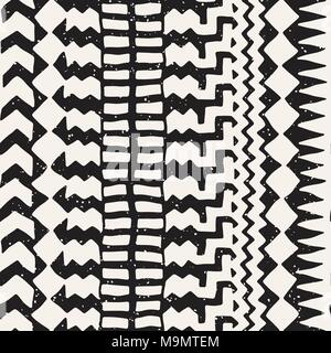 Hand drawn painted seamless pattern. Vector tribal design background. Ethnic motif. Geometric ethnic stripe lines illustration. Black and white colors Stock Vector