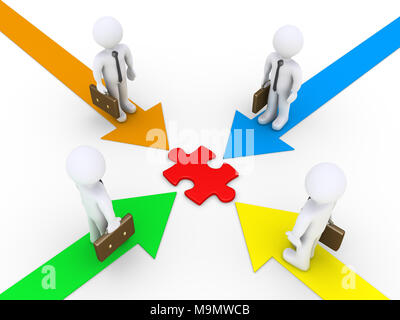 Four businessmen on arrows pointing at a puzzle piece Stock Photo