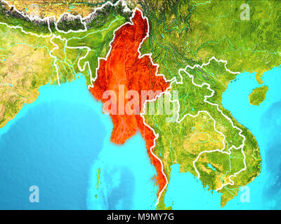 Myanmar highlighted in red from Earth’s orbit. 3D illustration. Elements of this image furnished by NASA. Stock Photo