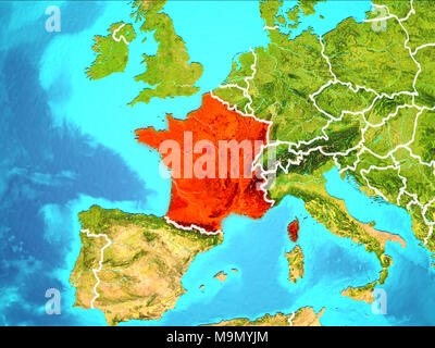 France highlighted in red from Earth’s orbit. 3D illustration. Elements of this image furnished by NASA. Stock Photo
