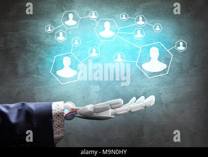 Robotic hand in business suit present group of icons. 3d rendering Stock Photo