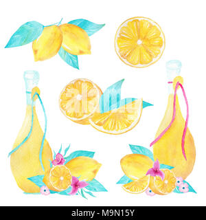Hand painted watercolor set of lemon fruit and olive oil on white background. Can be used for printing and decoration. Stock Photo