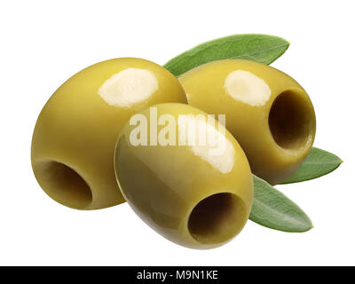 Green pitted olives (Large Manzanilla or Chalkidiki). Clipping path Stock Photo