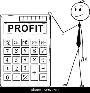 Cartoon of Businessman Standing With Big Electronic Calculator and Profit Text Stock Vector