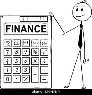 Cartoon of Businessman Standing With Big Electronic Calculator and Finance Text Stock Vector