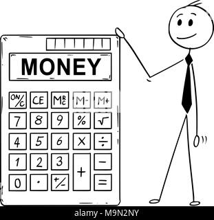 Cartoon of Businessman Standing With Big Electronic Calculator and Money Text Stock Vector