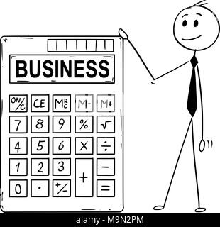 Cartoon of Businessman Standing With Big Electronic Calculator and Business Text Stock Vector