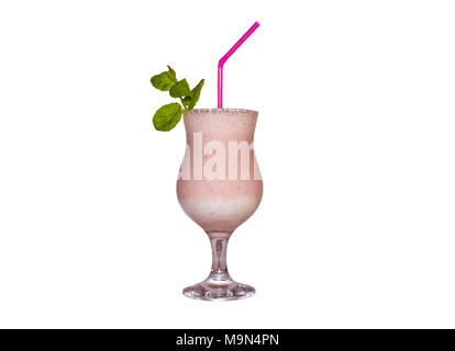 milk strawberry cocktail with mint on isolated white background Stock Photo