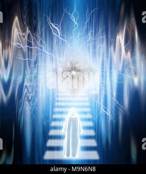 Surrealism. Figure in white cloak goes on a stairway to the God's eye. Stock Photo