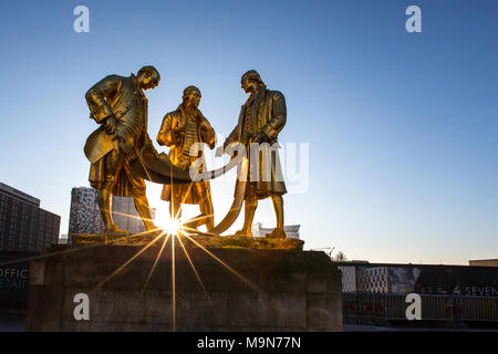 Golden - The men of the industrial revolution - Birmingham's men of history, Boulton, Murdoch and Watt outside the house of Sport, Broad St Stock Photo