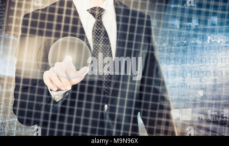 Businessman pressing button on touchscreen interface on background with binary code Stock Photo
