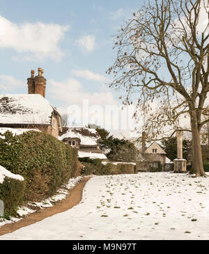 Snow covered cottages at Blaise Hamlet near Henbury, north Bristol Stock Photo