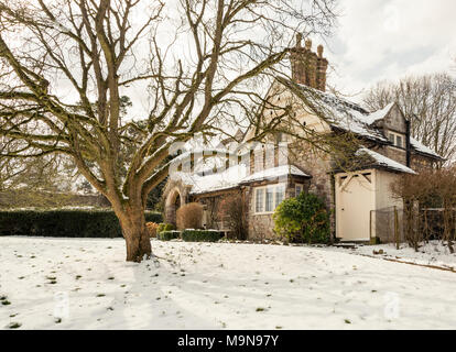 Snow covered cottages at Blaise Hamlet near Henbury, north Bristol Stock Photo