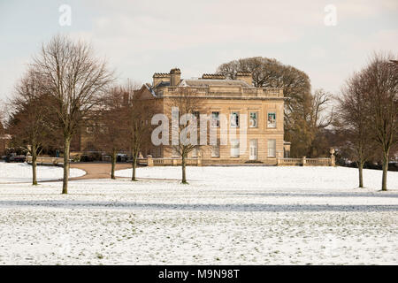 The 18th Century neoclassical Blaise Castle House, north Bristol, covered in snow. It is now a museum. Stock Photo