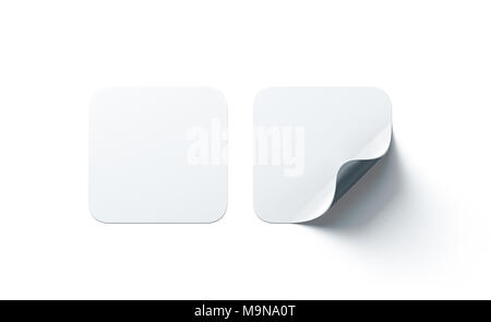 Blank white square adhesive stickers mock up with curved corner. Empty quadratic sticky label mockup with curl. Clear adherent tag template for glass  Stock Photo