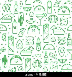 Vector seamless pattern of Mexican cuisine. Traditional food and drink line icons like taco, nacho and burrito. Fun modern style background. Stock Vector