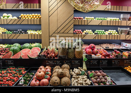 A very neat fruit & veg stall in the Les Halles de Lyon Paul Bocuse, the food market of Lyon, France Stock Photo