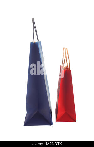 Ecological recycling paper packages, blue and red paper bags isolated on white background Stock Photo