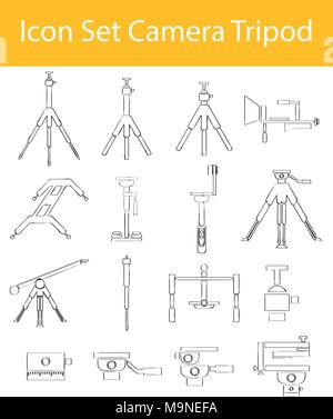 Drawn Doodle Lined Icon Set Camera Tripod with 16 icons for the creative use in graphic design Stock Vector