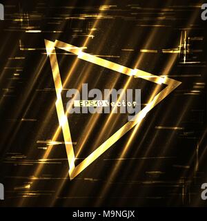 Glitch golden triangle light shape template. Abstract glitched gold vector frame design backdrop Stock Vector
