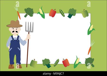 Illustrated farmer in coveralls holding pitchfork standing next to white copy space frame bordered by colorful vegetables on green background. Stock Vector