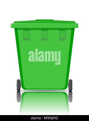 Realistic green recycle bin for trash and garbage with reflection. Stock Vector