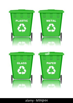 Set of realistic green recycle bins for paper, metal, plastic and glass with reflection. Stock Vector