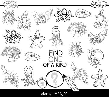 Black and White Cartoon Illustration of Find One of a Kind Picture Educational Activity Game for Kids with Sea Life Animal Characters Coloring Book Stock Vector