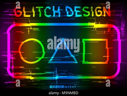 Glitch colorful rainbow geometric rectangle circle square triangle shapes template. Abstract glitched multicolor vector light frame design backdrop Stock Vector