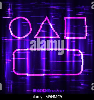 Glitch blue purple and pink geometric rectangle circle square triangle shapes template. Abstract glitched vector light frame design backdrop Stock Vector